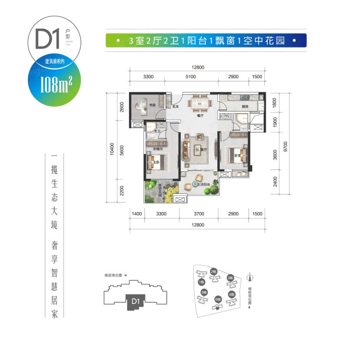 株洲石峰区绿地智慧生态城为您提供该项目D1户型图片鉴赏