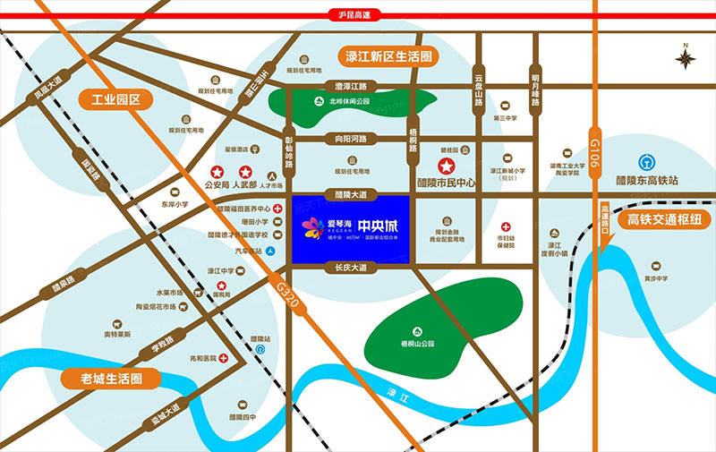 爱琴海中央城项目位于醴陵醴陵大道与梧桐路交汇处（市民中心西南）